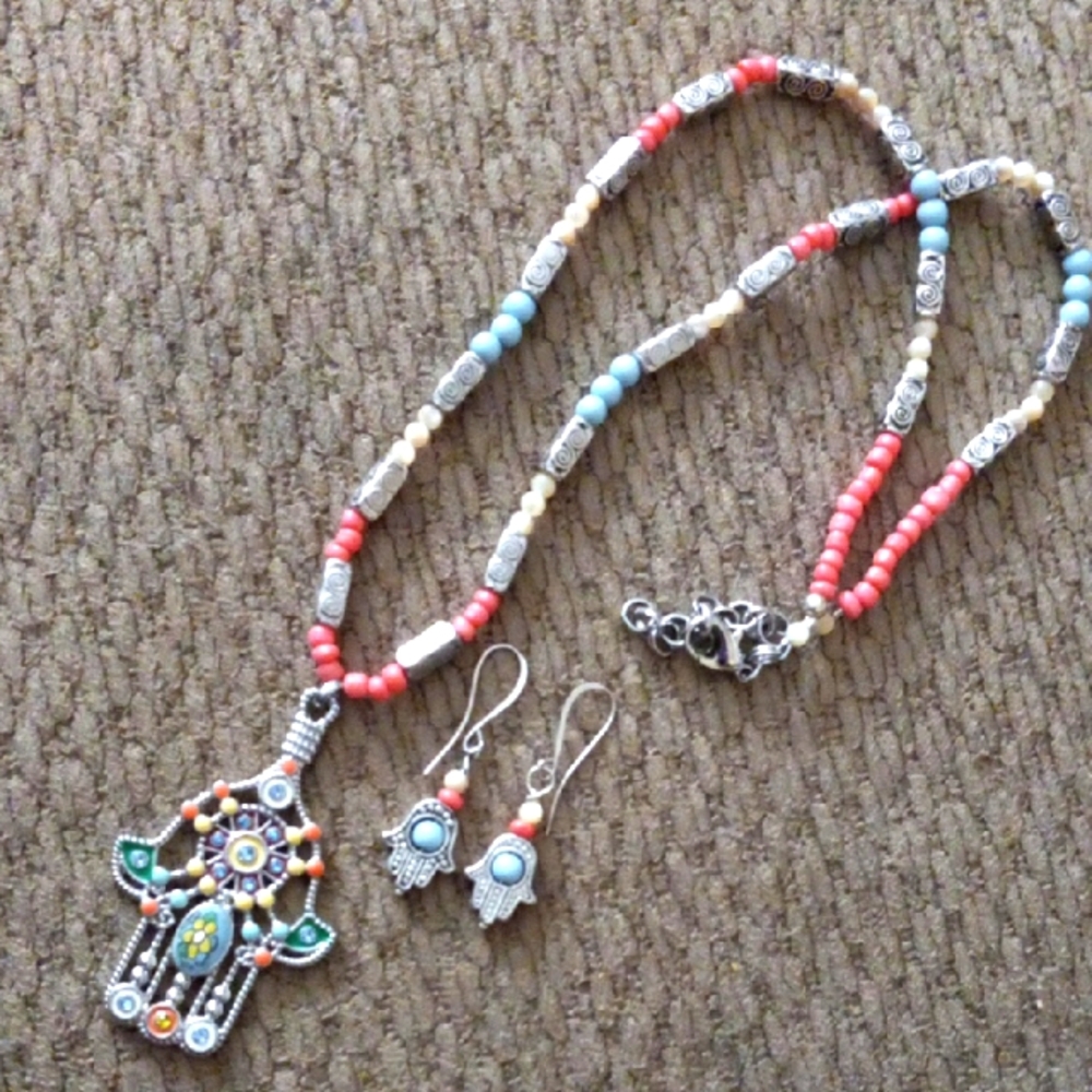 Hamsa Hand Evil Eye Protection Colorful Boho Beaded Necklace & Earring Set